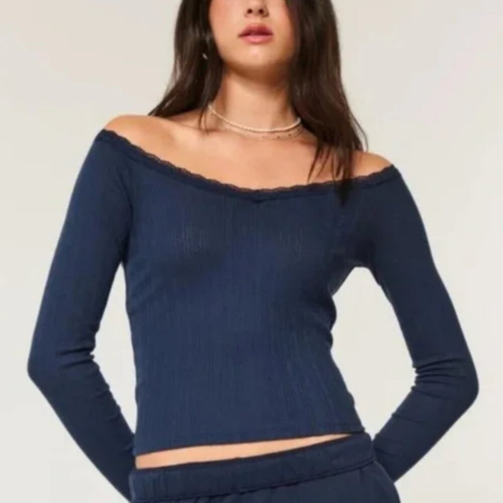 Hollister Pointelle Navy Blue Lace Trim Long-Sleeve Top Size Medium